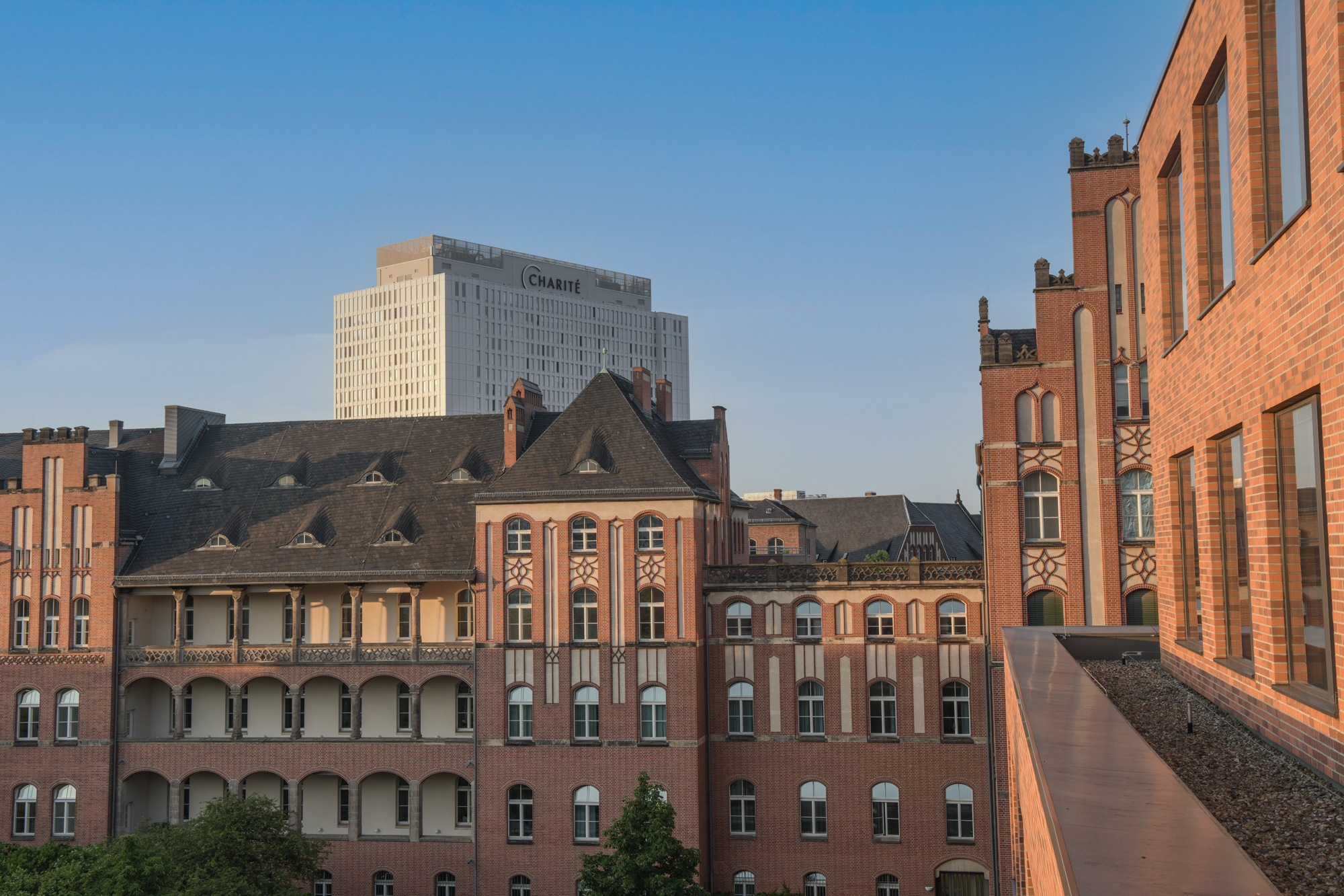 Blick vom historischen Teil aufs BHH am Campus Charité Mitte